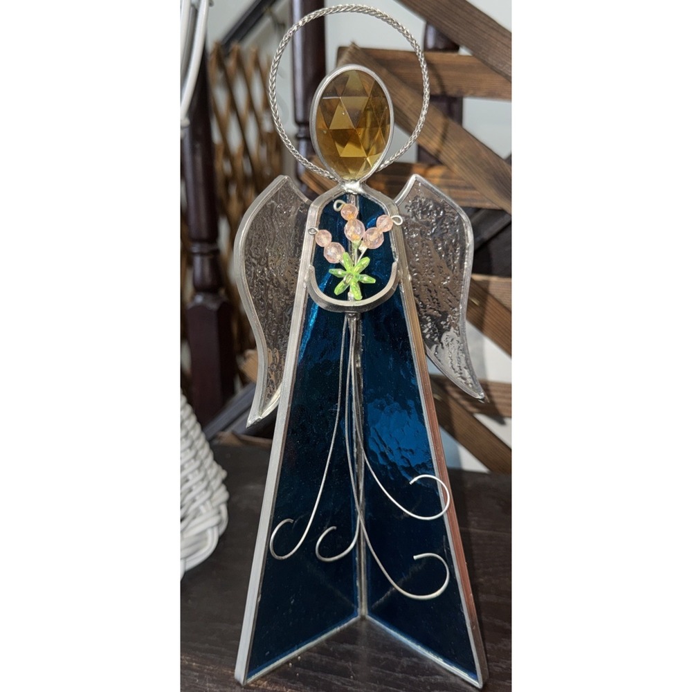 Vintage Blue Stained Glass Angel Figurine Glass ‎ 10.50" X 4"